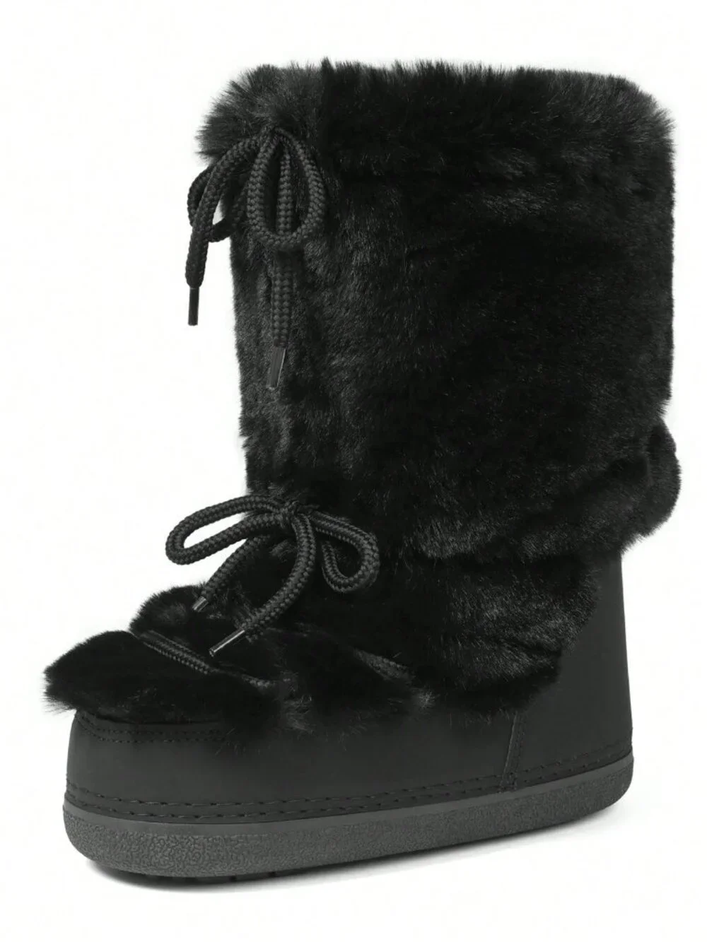 Black Cute Women's Lace-Up Platform Flat Slip-On Fuzzy Fluffy Round-Toe Boots